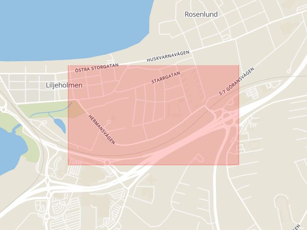 Karta som med röd fyrkant ramar in Rosenlund, Hermansvägen, Jönköping, Jönköpings län