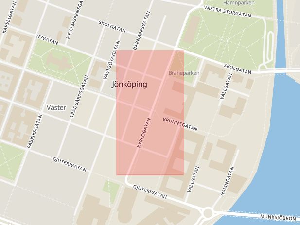 Karta som med röd fyrkant ramar in Brunnsgatan, Kyrkogatan, Jönköping, Jönköpings län