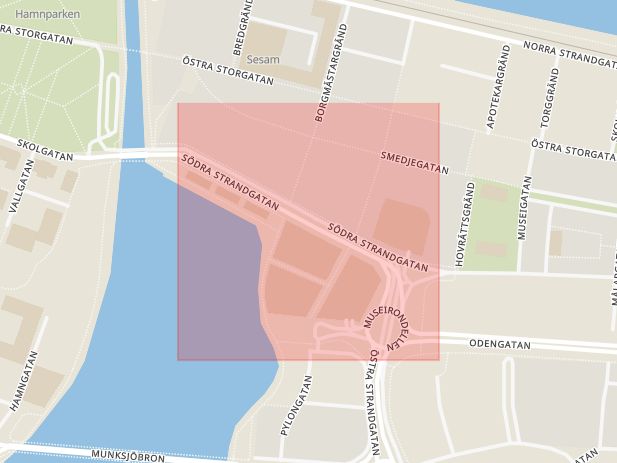 Karta som med röd fyrkant ramar in Södra Strandgatan, Jönköping, Jönköpings län