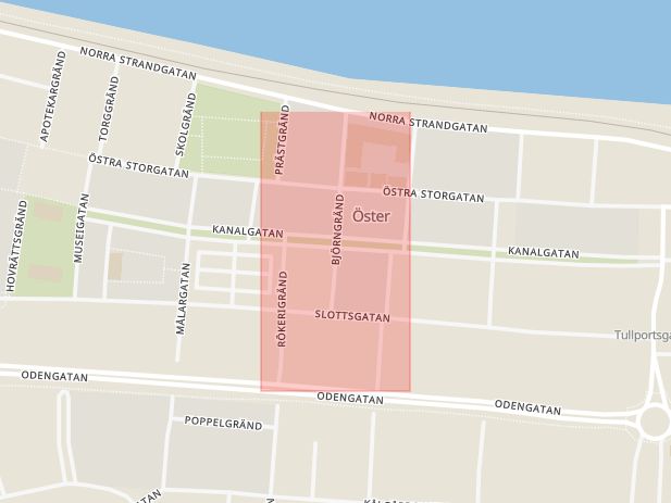 Karta som med röd fyrkant ramar in Björngränd, Kanalgatan, Jönköping, Jönköpings län