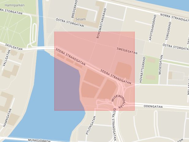 Karta som med röd fyrkant ramar in Södra Strandgatan, Jönköping, Jönköpings län