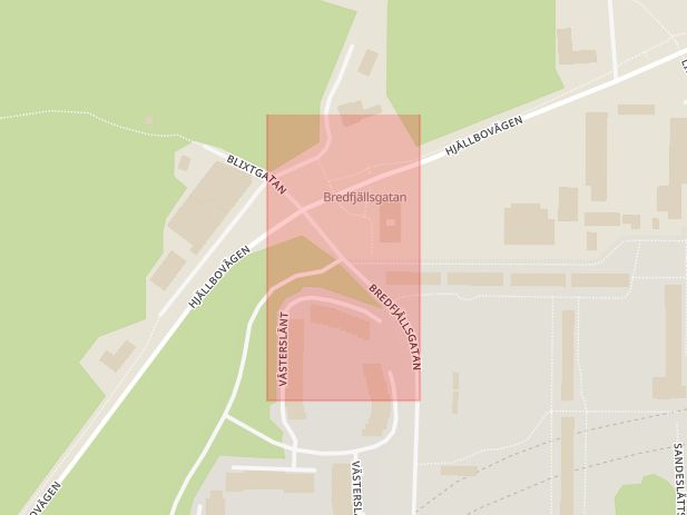 Karta som med röd fyrkant ramar in Bredfjällsgatan, Västerslänt, Östra Sjukhuset, Göteborg, Västra Götalands län