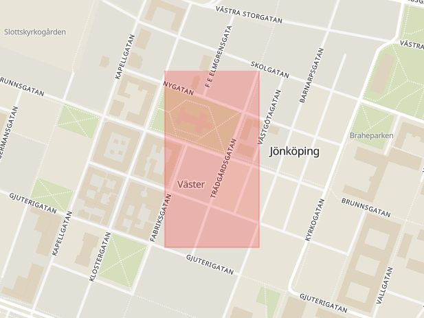 Karta som med röd fyrkant ramar in Solåsvägen, Jönköping, Brunnsgatan, Jönköpings län