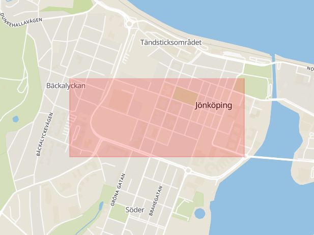 Karta som med röd fyrkant ramar in Gjuterigatan, Jönköping, Jönköpings län