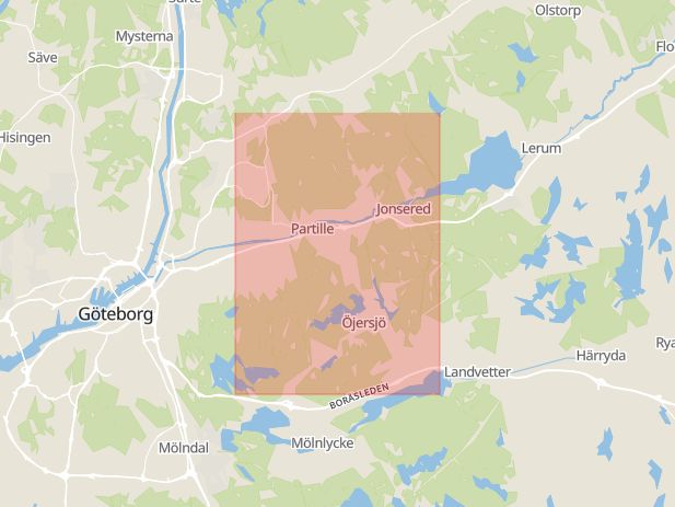 Karta som med röd fyrkant ramar in Partille, Göteborg, Ulricehamn, Västra Götalands län