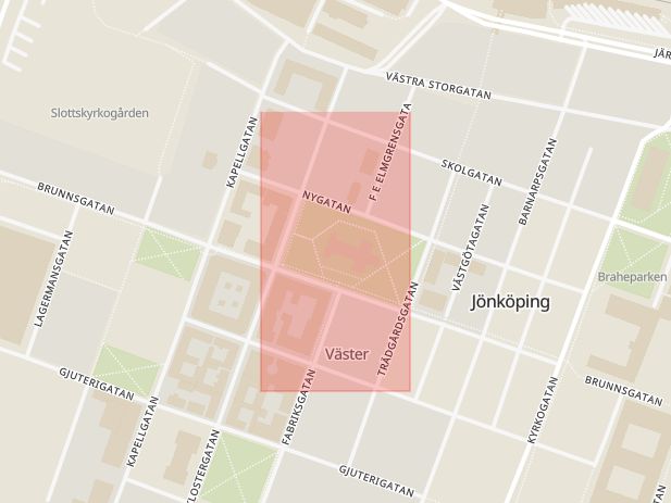 Karta som med röd fyrkant ramar in Jönköping, Sofiakyrkan, Tormenåsgatan, Värnamo, Kärda, Jönköpings län