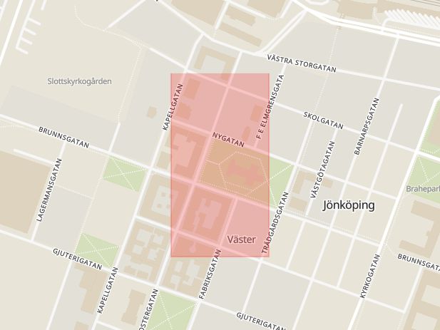 Karta som med röd fyrkant ramar in Brunnsgatan, Sofiakyrkan, Jönköping, Jönköpings län