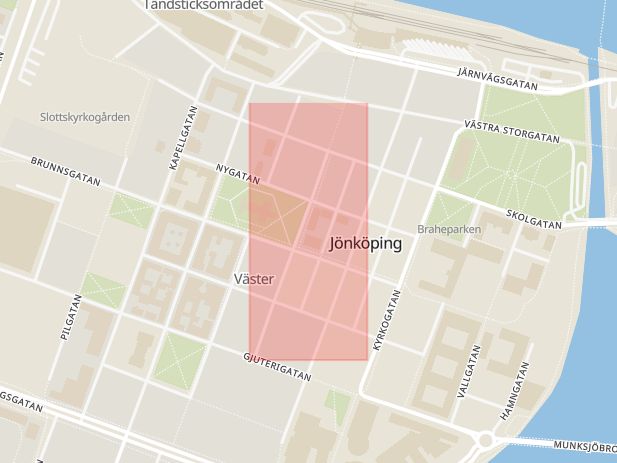 Karta som med röd fyrkant ramar in Trädgårdsgatan, Gislaved, Värnamo, Pingstkyrkan, Lagermansgatan, Jönköping, Jönköpings län