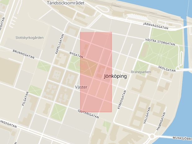 Karta som med röd fyrkant ramar in Trädgårdsgatan, Jönköping, Jönköpings län
