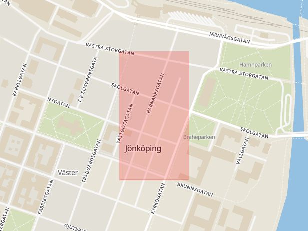 Karta som med röd fyrkant ramar in Jönköping, Barnarpsgatan, Ringvägen, Värnamo, Jönköpings län