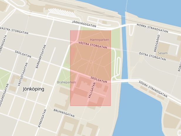 Karta som med röd fyrkant ramar in Rådhusparken, Jönköping, Jönköpings län