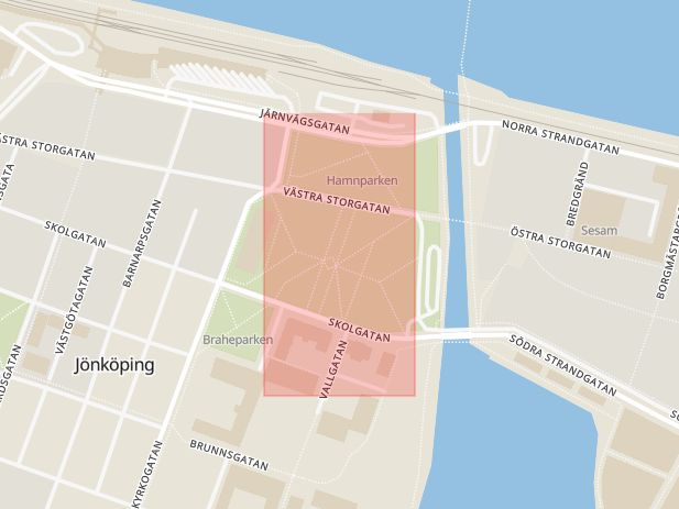 Karta som med röd fyrkant ramar in Skolgatan, Jönköping, Rådhusparken, Jönköpings län