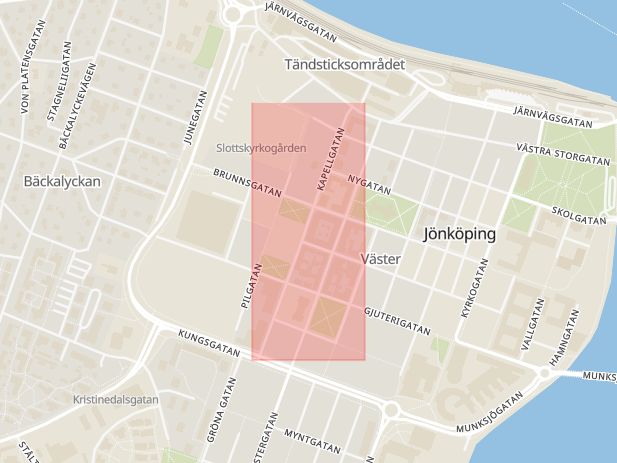 Karta som med röd fyrkant ramar in Kapellgatan, Jönköping, Jönköpings län