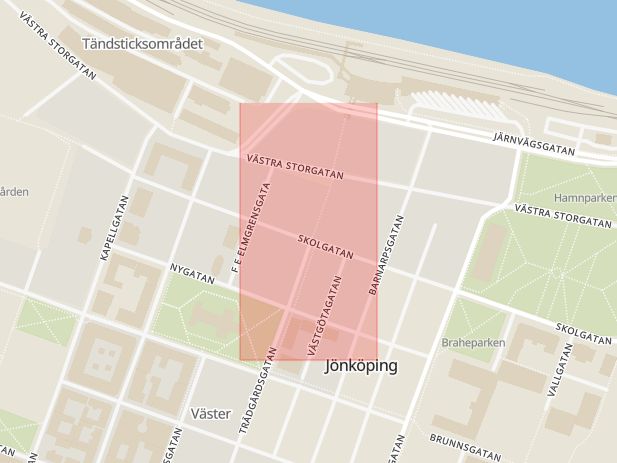 Karta som med röd fyrkant ramar in Fiskargränd, Skolgatan, Jönköping, Jönköpings län