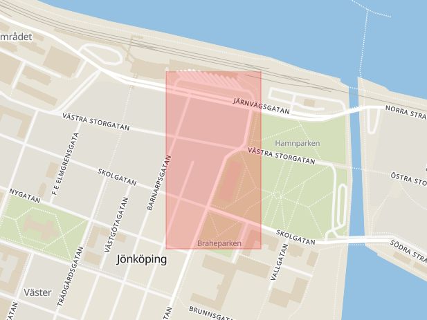 Karta som med röd fyrkant ramar in Jönköping, Norrskogsvägen, Värnamo, Västra Storgatan, Vetlanda, Jönköpings län