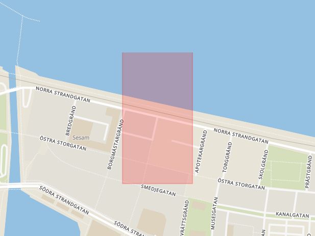Karta som med röd fyrkant ramar in Lantmätargränd, Norra Strandgatan, Jönköping, Jönköpings län