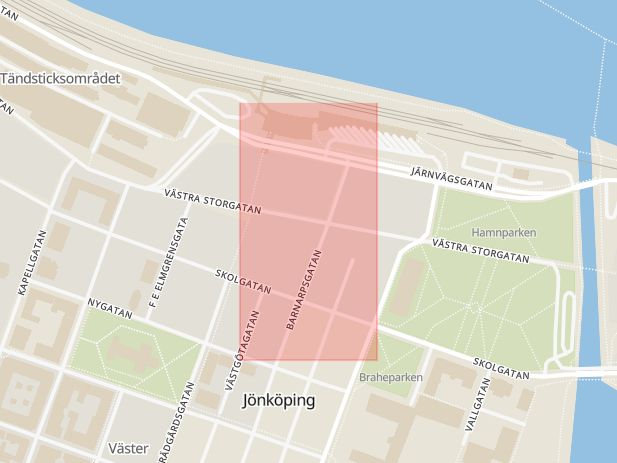 Karta som med röd fyrkant ramar in Kungsgatan, Barnarpsgatan, Jönköping, Jönköpings län
