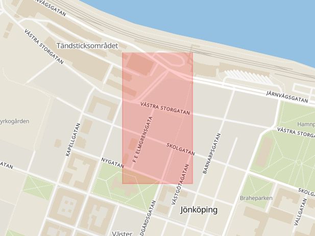 Karta som med röd fyrkant ramar in Filmstaden, Sf Bio, Juneporten, Jönköping, Jönköpings län