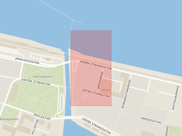 Karta som med röd fyrkant ramar in Norra Strandgatan, Östra Storgatan, Jönköping, Jönköpings län