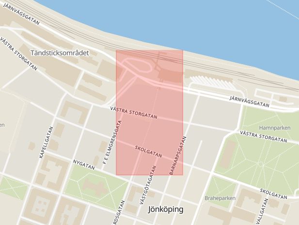 Karta som med röd fyrkant ramar in Jönköping, Industrigatan, Nässjö, Vattenverksgatan, Västra Storgatan, Habo, Bankeryd, Jönköpings län