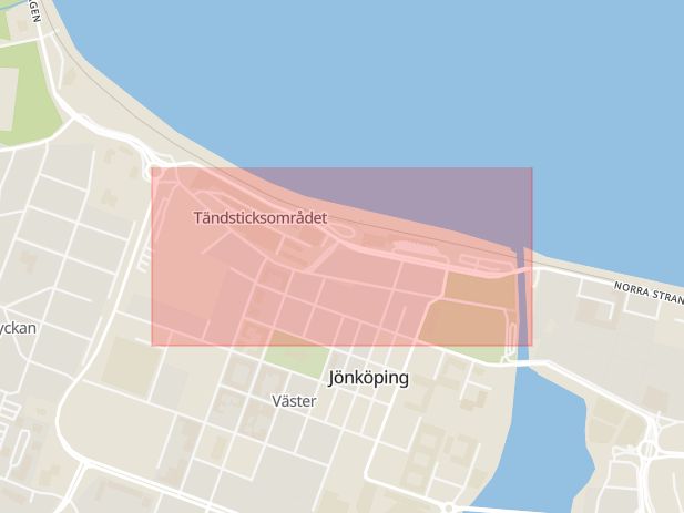 Karta som med röd fyrkant ramar in Västra Storgatan, Jönköping, Jönköpings län