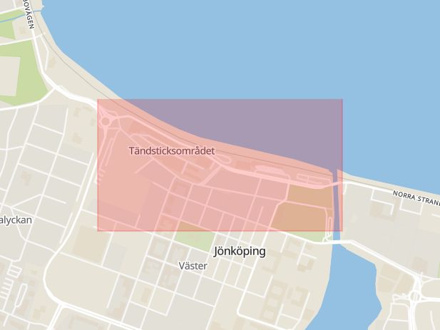 Karta som med röd fyrkant ramar in Västra Storgatan, Jönköping, Habo, Jönköpings län