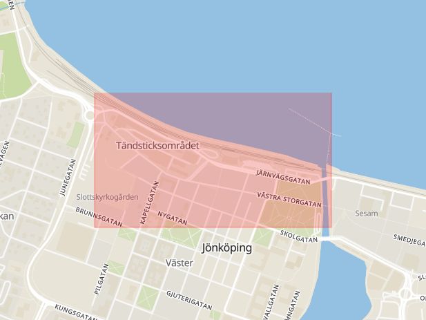 Karta som med röd fyrkant ramar in Västra Storgatan, Jönköping, Jönköpings län
