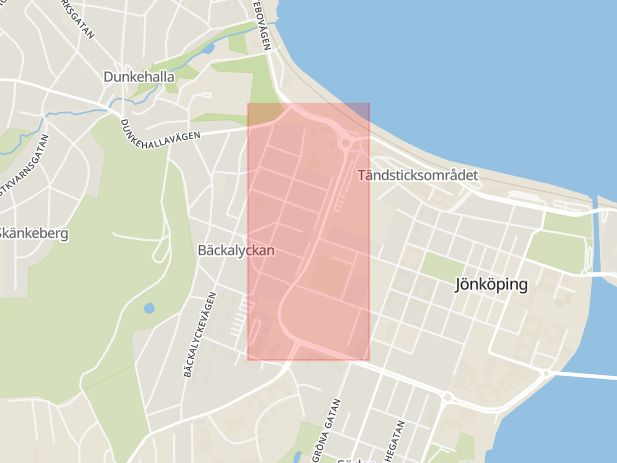 Karta som med röd fyrkant ramar in Junegatan, Jönköping, Jönköpings län
