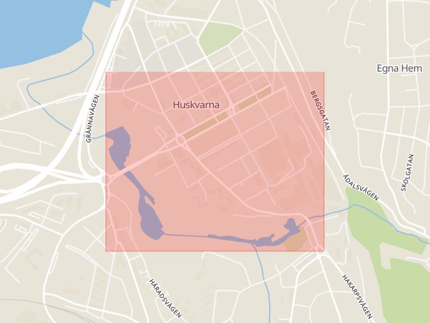 Karta som med röd fyrkant ramar in Huskvarna, Jönköpingsvägen, Jönköping, Jönköpings län