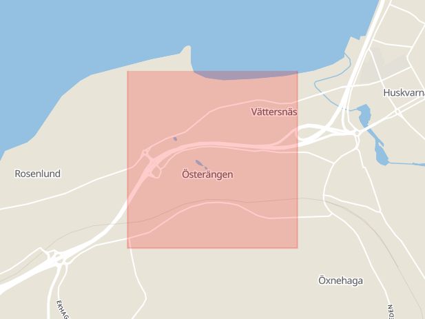 Karta som med röd fyrkant ramar in Jönköping, Vättersnäs, Jönköpings län