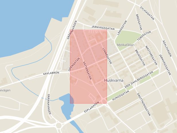 Karta som med röd fyrkant ramar in Huskvarna, Vättergatan, Jönköping, Jönköpings län