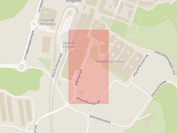 Karta som med röd fyrkant ramar in Grepgatan, Angered, Göteborg, Västra Götalands län