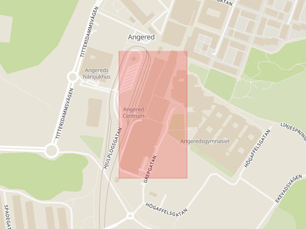 Karta som med röd fyrkant ramar in Angered, Sahlgrenska Sjukhuset, Göteborg, Västra Götalands län