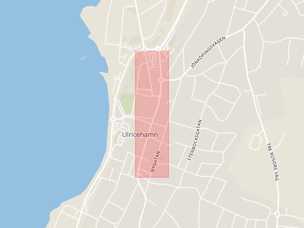 Karta som med röd fyrkant ramar in Bogesundsgatan, Ulricehamn, Västra Götalands län
