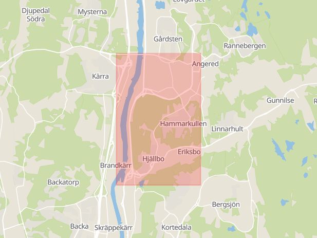 Karta som med röd fyrkant ramar in Angeredsleden, Göteborg, Västra Götalands län