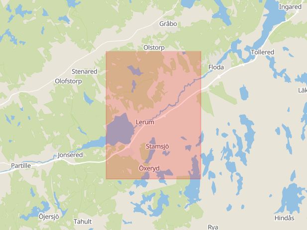 Karta som med röd fyrkant ramar in Hulanmotet, Lerum, Västra Götalands län