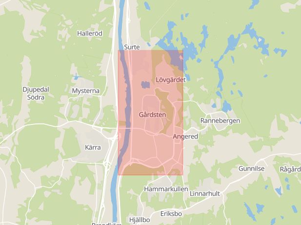 Karta som med röd fyrkant ramar in Gårdsten, Göteborg, Västra Götalands län