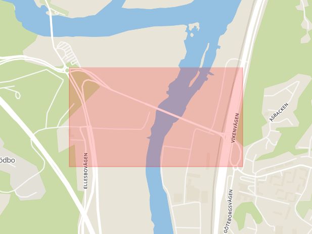 Karta som med röd fyrkant ramar in Jordfallsbron, Kungälv, Göteborg, Västra Götalands län