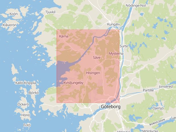 Karta som med röd fyrkant ramar in Kongahällavägen, Rödbomotet, Göteborg, Västra Götalands län