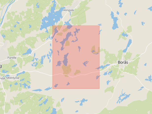 Karta som med röd fyrkant ramar in Borås, Viared, Bollebygd, Västra Götalands län