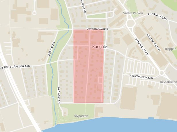 Karta som med röd fyrkant ramar in Kristinedalsgatan, Kungälv, Västra Götalands län