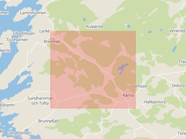 Karta som med röd fyrkant ramar in Lyckevägen, Kungälv, Västra Götalands län