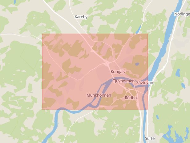 Karta som med röd fyrkant ramar in Rollsbomotet, Kungälv, Västra Götalands län