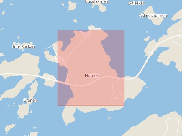 Karta som med röd fyrkant ramar in Nordön, Marstrand, Kungälv, Västra Götalands län