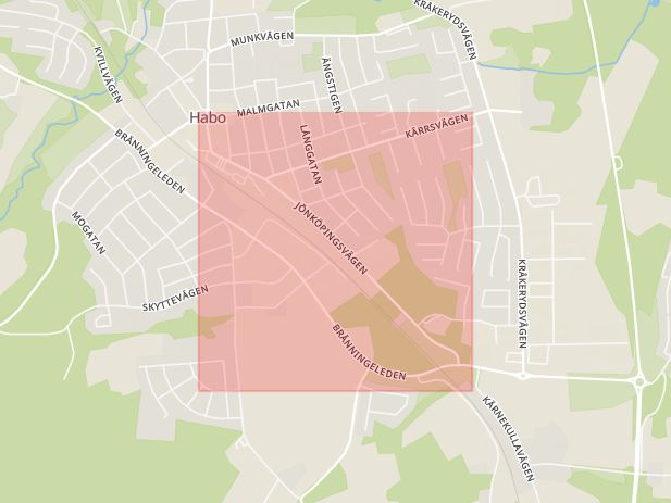 Karta som med röd fyrkant ramar in Jönköpingsvägen, Habo, Jönköpings län