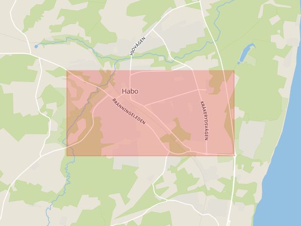 Karta som med röd fyrkant ramar in Bränningeleden, Habo, Jönköpings län