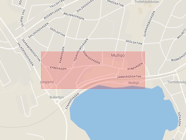 Karta som med röd fyrkant ramar in Kyrkvägen, Mullsjö, Jönköpings län