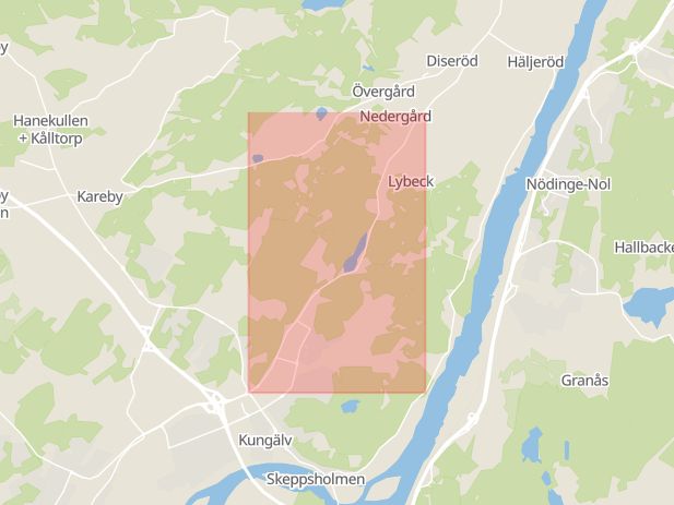 Karta som med röd fyrkant ramar in Diseröd, Romelandavägen, Kungälv, Västra Götalands län