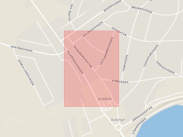 Karta som med röd fyrkant ramar in Skaraborgsgatan, Mullsjö, Jönköpings län