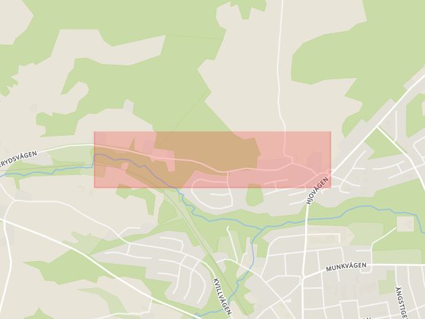 Karta som med röd fyrkant ramar in Kyrkerydsvägen, Habo, Jönköpings län